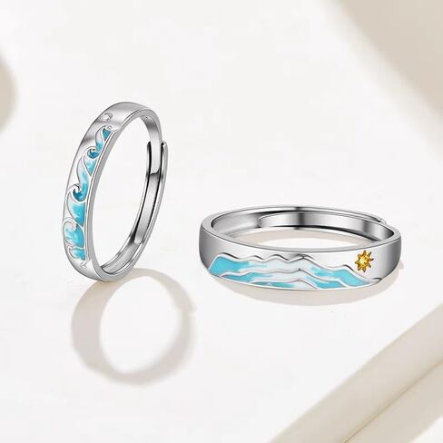 مجموعة خواتم للأزواج بحر الجبل له ولها S925 من الفضة الإسترليني والذهب الأبيض الأنيق الكلاسيكي المطابق للوعد خاتم الإصبع للنساء والرجال قابل للتعديل مجوهرات الزفاف والخطوبة في عيد الحب in Kuwait