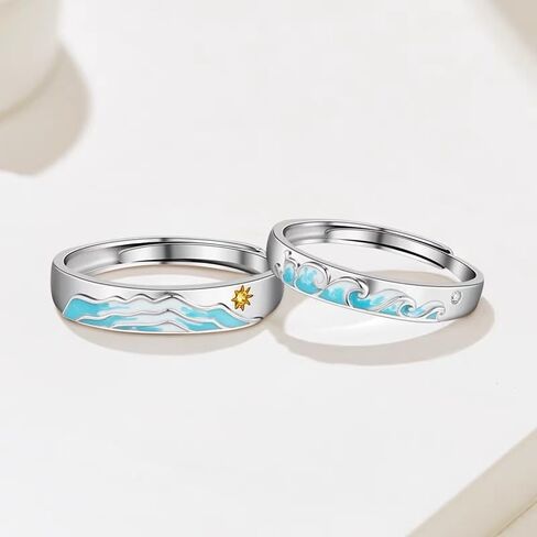مجموعة خواتم للأزواج بحر الجبل له ولها S925 من الفضة الإسترليني والذهب الأبيض الأنيق الكلاسيكي المطابق للوعد خاتم الإصبع للنساء والرجال قابل للتعديل مجوهرات الزفاف والخطوبة في عيد الحب in Kuwait