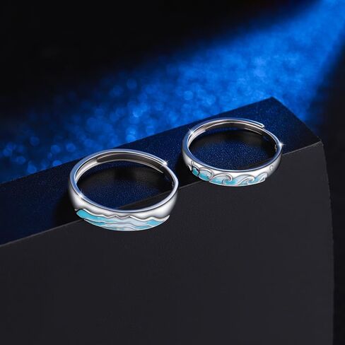 مجموعة خواتم للأزواج بحر الجبل له ولها S925 من الفضة الإسترليني والذهب الأبيض الأنيق الكلاسيكي المطابق للوعد خاتم الإصبع للنساء والرجال قابل للتعديل مجوهرات الزفاف والخطوبة في عيد الحب in Kuwait