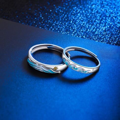 مجموعة خواتم للأزواج بحر الجبل له ولها S925 من الفضة الإسترليني والذهب الأبيض الأنيق الكلاسيكي المطابق للوعد خاتم الإصبع للنساء والرجال قابل للتعديل مجوهرات الزفاف والخطوبة في عيد الحب in Kuwait
