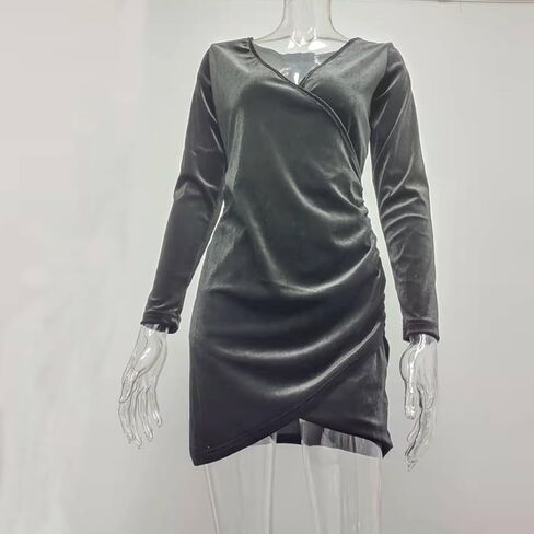 Await Blooms فساتين نسائية مخملية لامعة ملفوفة على شكل حرف V متوسطة الطول فساتين خريفية بأكمام طويلة وحفلات الكوكتيل مع فتحة in Kuwait