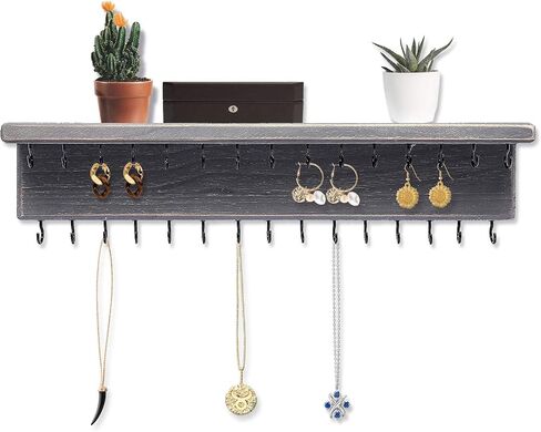 SANY DAYO HOME Wall Mounted Jewelry Organizer Rustic Wood Hanging Jewelry Holder with 32 Necklace Holders, Shelf, Earring Metal Mesh for Girl and Women (17 x 10 x 4 in, Brown) in Kuwait