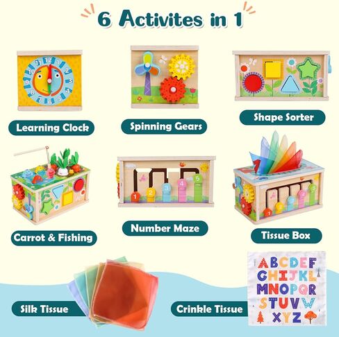 لعبة صندوق مناديل مونتيسوري 6 في 1 من أنكايكسين للأطفال بعمر 6+ أشهر، مكعب نشاط خشبي، ألغاز من 12 إلى 18 شهرًا، هدايا مثالية للفتيات الصبيان بعمر سنة واحدة، ألعاب حسية للأطفال الصغار من سن 1 إلى 3 سنوات، هدية عيد ميلاد الطفل الأول in Kuwait