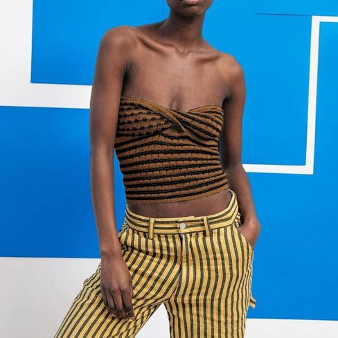 Meladyan Women Twist Front Striped Cutout Knitted Crop Tube Top Bandage Strapless Sleeveless Bandeau Cropped Shirt in Kuwait