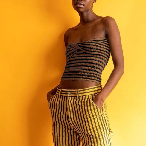 Meladyan Women Twist Front Striped Cutout Knitted Crop Tube Top Bandage Strapless Sleeveless Bandeau Cropped Shirt in Kuwait