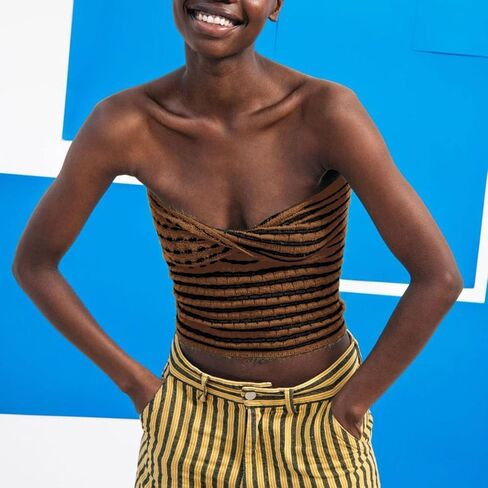 Meladyan Women Twist Front Striped Cutout Knitted Crop Tube Top Bandage Strapless Sleeveless Bandeau Cropped Shirt in Kuwait