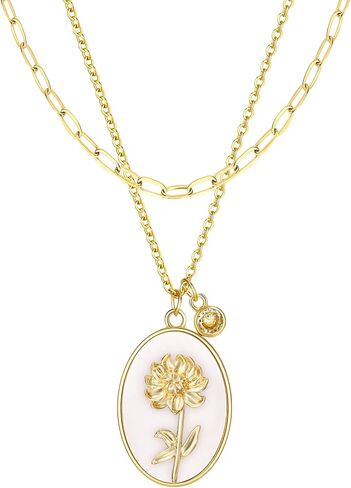 SHOWNICE 18K Gold Plated Inlaid White Shell Solid Birth Flower Pendant, Layering Choker Necklaces with Birthstone for Girls in Kuwait