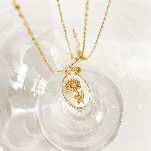 SHOWNICE 18K Gold Plated Inlaid White Shell Solid Birth Flower Pendant, Layering Choker Necklaces with Birthstone for Girls in Kuwait