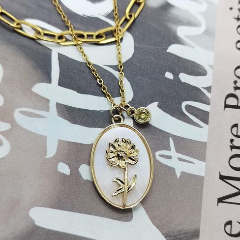 SHOWNICE 18K Gold Plated Inlaid White Shell Solid Birth Flower Pendant, Layering Choker Necklaces with Birthstone for Girls in Kuwait