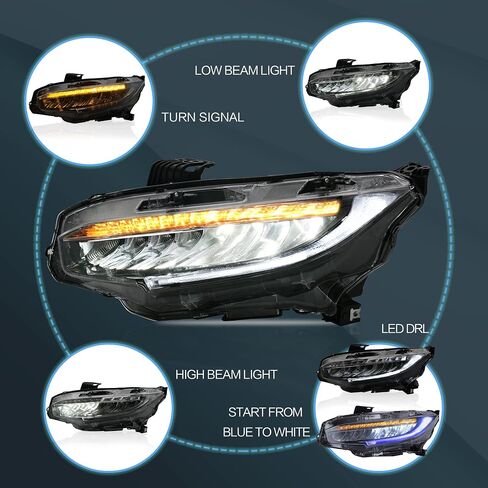 VLAND LED Headlight Assembly Fit for 2016-2021 10th Gen Honda Civic DRL with Startup Animation in Saudi Arabia