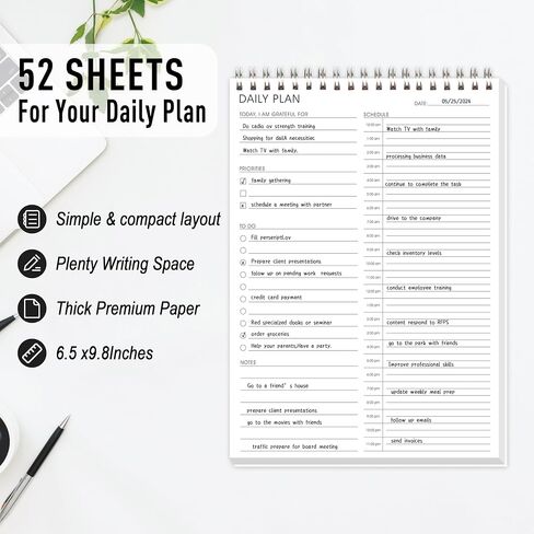 24 Hour Daily Planner -To Do List Notepad Double Side Use Undated Notebook with 52 Sheets, 6.5" X 9.8", Task Checklist Organizer Agenda Pad for Productivity in Saudi Arabia