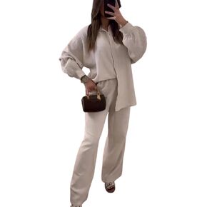 Fordeal Women's Two Piece Outfits Long Sleeve Button Down Shirt with Pleated Pants Sets