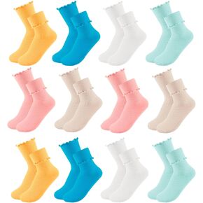 Outink 12 Pairs Women's Ankle Socks Girl Ruffle Turn Cuff Socks Cute Ruffle Casual Crew Sock Breathable Knit Crew Frilly Sock