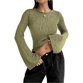 GORGLITTER Sweaters for Women Hollow Out Long Sleeve Sweater Crewneck Sheer Knit Pullovers Tops