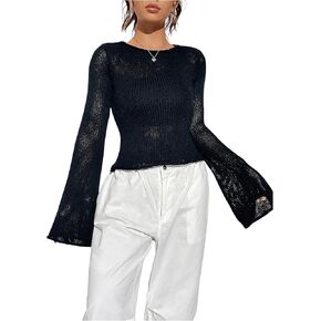 GORGLITTER Sweaters for Women Hollow Out Long Sleeve Sweater Crewneck Sheer Knit Pullovers Tops