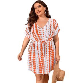 Milumia Women's Plus Size Swim Coverup Tie Dye Drawstring Bikini Cover Ups Beachwear