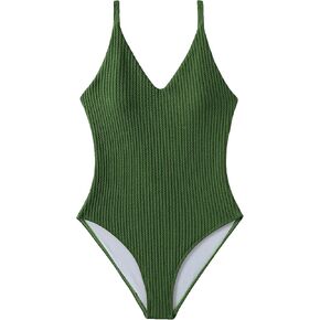 SweatyRocks Women's V Neck One Piece Bathing Suit Strappy Ribbed Monokini Swimsuit