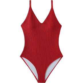 SweatyRocks Women's V Neck One Piece Bathing Suit Strappy Ribbed Monokini Swimsuit
