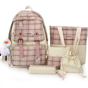 5Pcs Kawaii Backpack Set with Badge & Duck Pendant,Japanese Aesthetic Check Bookbag for Girls Cute Plaid School Bags Comes with Tote Bag,Shoulder Bag,Pencil Box,Small Bag(Green,16in)