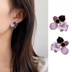 Purple Crystal Flower Earrings Small Square Crystal Earring Stud Cubic Zirconia Flower Stud Earrings Vintage Moonstone Flower Clusters Earrings Wedding Earrings Jewelry for Women Girls