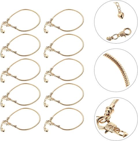 EXCEART 10pcs Silver Snake Chain Charm Bracelets with Heart Lobster Clasp Extender Chain Stainless Steel Adjustable Slider Bracelet Metal Bracelet Chain European Charm Bracelet for Jewelry Making 3mm in Saudi Arabia