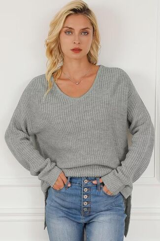 سترة علوية نسائية من Dokotoo موضة خريف 2023 برقبة على شكل V وأكمام طويلة وحاشية غير متماثلة بلوفر محبوك in Kuwait