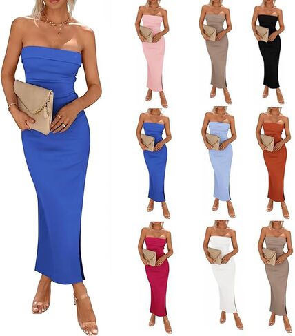 فستان Bodycon ماكسي للنساء صيف 2024 بدون حمالات بفتحة جانبية طويل للخروج كاجوال أنيق بدون حمالات فساتين حفلات مثيرة (الولايات المتحدة، ألفا، كبير، عادي، عادي، أزرق) in Saudi Arabia
