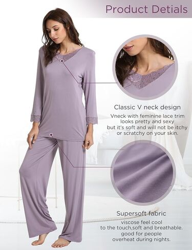 GYS Bamboo Pajamas for Women Soft Long Sleeve Sleepwear V Neck Pjs Set Sleep Lounge Set with Lace S-4XL in Kuwait