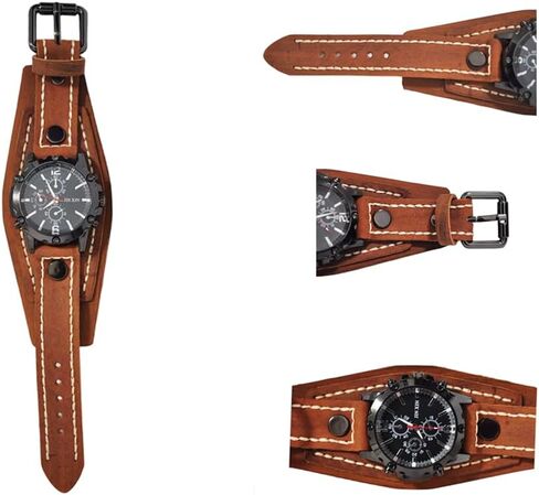 MINILUJIA Handmade Men Watches Vintage Punk Hip-hop Gothic Wide PU Leather Fashion Cuff Round Dial Quartz Wristwatch Big Dial Black Brown in Saudi Arabia