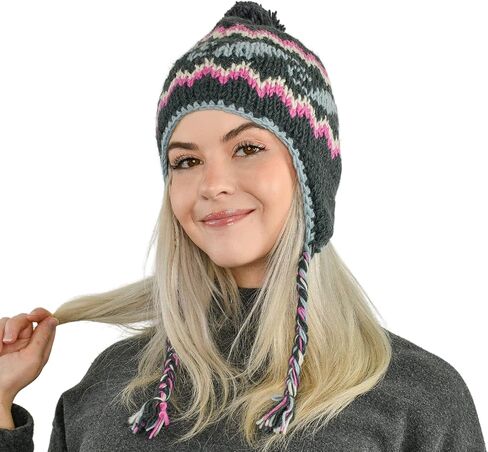 مجموعات Freakmandu قبعة صغيرة للتزلج - قبعة دافئة بنمط بوهو 100% صوف محبوك يدويًا للجنسين مبطنة بالصوف قبعة صغيرة بغطاء للأذن نيبال in Kuwait