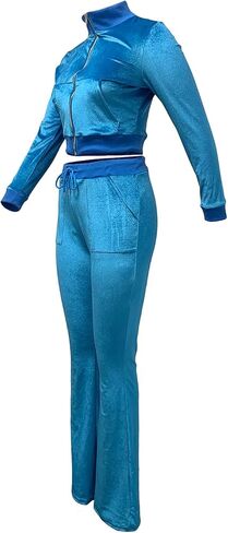Chatinction Women's 2 Piece Outfit Velour Zip Up Crop Jacket and Bell Bottoms Long Pants with Pockets Tracksuit Set in Kuwait