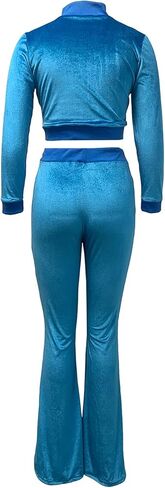 Chatinction Women's 2 Piece Outfit Velour Zip Up Crop Jacket and Bell Bottoms Long Pants with Pockets Tracksuit Set in Kuwait