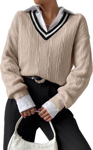 Verdusa Women's V Neck Striped Drop Shoulder Long Sleeve Sweater Knit Tops Pullover in Saudi Arabia