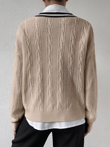 Verdusa Women's V Neck Striped Drop Shoulder Long Sleeve Sweater Knit Tops Pullover in Saudi Arabia