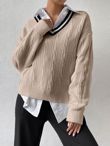 Verdusa Women's V Neck Striped Drop Shoulder Long Sleeve Sweater Knit Tops Pullover in Saudi Arabia