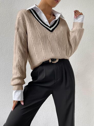 Verdusa Women's V Neck Striped Drop Shoulder Long Sleeve Sweater Knit Tops Pullover in Saudi Arabia