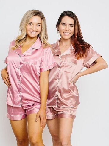 بيجامة حريرية من SIORO للنساء، طقم بيجامة من الساتان بأكمام قصيرة وأزرار سفلية، مجموعات بيجامات ناعمة، مقاس صغير ~ X-Large in Kuwait