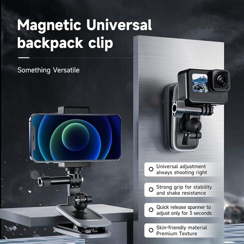 Multifunction Backpack Strap Camera Phone Clip Mount Magnetic Holder[360 Degree Ball Head] Shoulder Belt Body Strap Vlog Holder Compatible with Insta 360 DJI Action Camera Cellphone in Saudi Arabia