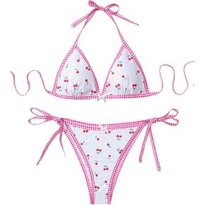 SHENHE Women's Plus Size Bikini Sets Cherry Print Plaid Colorblock Triangle 2 Piece Swimsuit