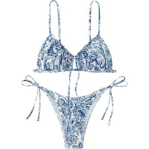 SHENHE Women's 2 Piece Floral Swimsuits Knotted Side Tie Cheeky String Bikini Set Swimwear