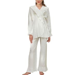 MaxxCloud Womens 2 PCS Cotton Victorian White Long Sleeve Pajama Set Nightgown Sleepwear