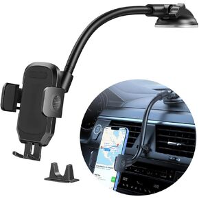 Car Cell Phone Holder, Vehicle Dashboard Windshield Air Vent Long Arm Hands Phone Mount, Quick Relaease Auto Smartphone Mountner Accessories, Universal for Vehicle, Truck and More（Black）