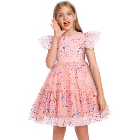 ODASDO Girls Tutu Tulle Ruffle Sleeve A-line Princess Dresses for Birthday Party Pageant Evening Holiday Formal Occasion