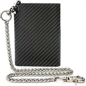 boshiho Mens Slim Wallet with Chain: Carbon Fiber Leather Trifold Wallet RFID Blocking