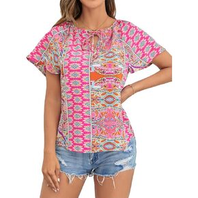 SOLY HUX Women's Boho Floral Print Tie Neck Butterfly Sleeve Summer Blouse Top