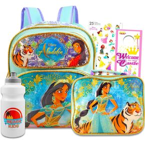 Disney Aladdin Backpack and Lunch Box Set for Kids - Bundle with 12" Princess Jasmine Mini Backpack, Jasmine Lunch Bag, Stickers, Water Bottle, More | Aladdin Mini Backpack for Girls