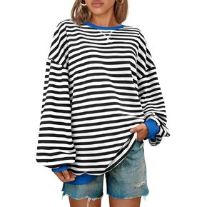 Kissfix Women's Striped Oversized Sweatshirt Long Sleeve Shirts for Women Crewneck Hoodies Casual Pullover Top Y2K Tops