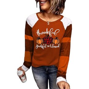 Thankful Grateful Blessed Shirt for Women Thanksgiving Pumpkin Long Sleeve T-Shirts Blouse Fall Tee Tops