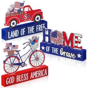 3 Pcs 4th of July Decorations Wooden Patriotic Decor American Flag Bike Red Truck Decor USA Flag Truck Box Sign America Home Wood Sign Rustic Farmhouse Memorial Day Block Independence Day Table Decor