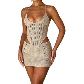 Women's Tank Top Mini Skirt Set 2 Piece Swimsuit Pearl Rhinestone Bikini Cover Up Sheer Beach Swimwear Bathing Suit Coverups